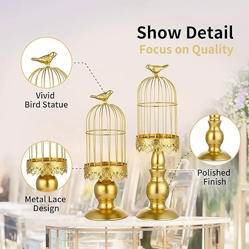 Miniatura 4 de Nuptio Portavelas de pilar dorado, 2 piezas de faroles de jaula de pájaros, portavelas decorativo de mesa para bodas, fiestas, cafeterías,