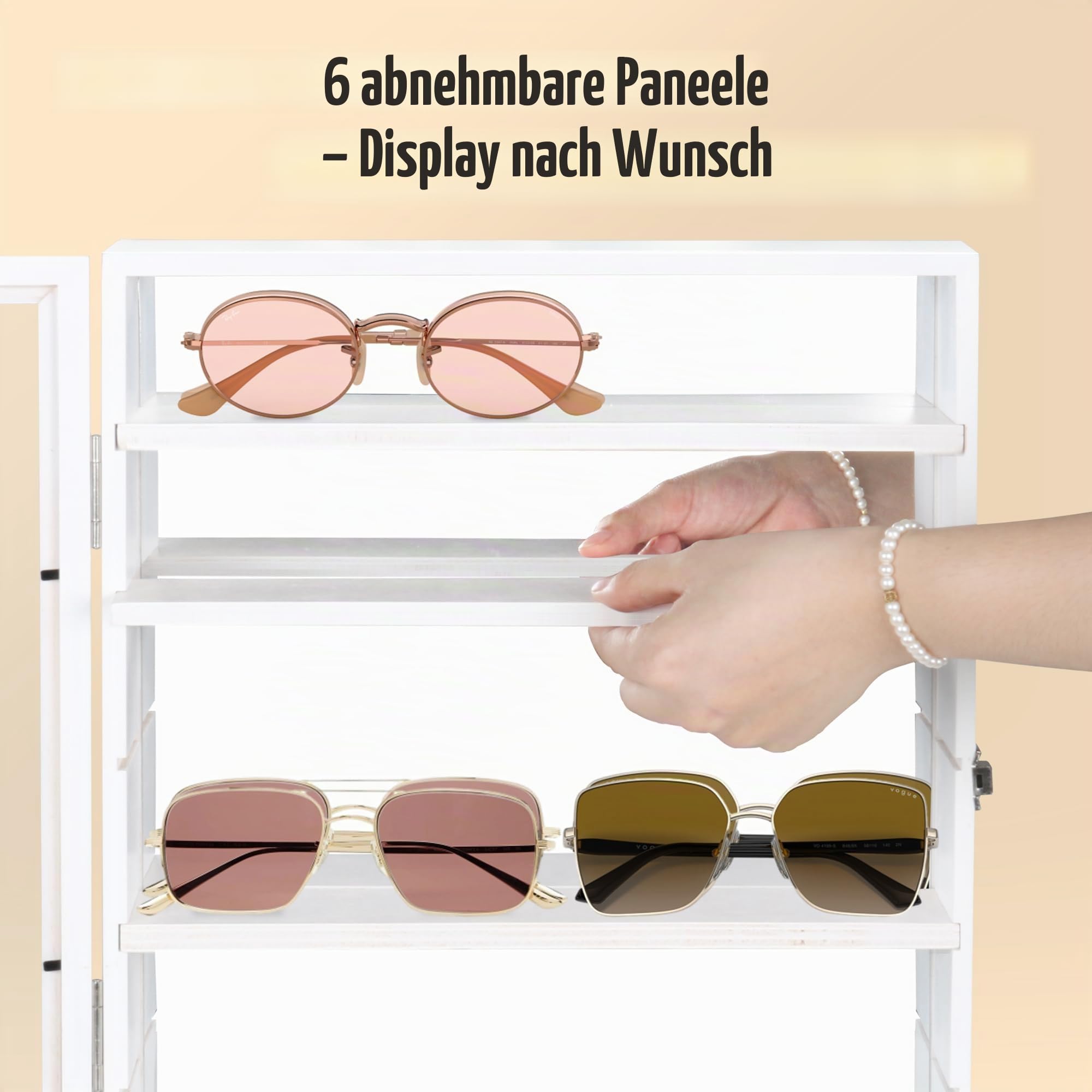 Alyoen Sonnenbrillen Aufbewahrung mit Spiegel, 33 x 39.6 cm Sonnenbrillen Organizer Wandmontage mit Transparenter Deckel, Große Brillen Aufbewahrungsbox mit 6 Abnehmbaren Regalen, Weiß Fashion