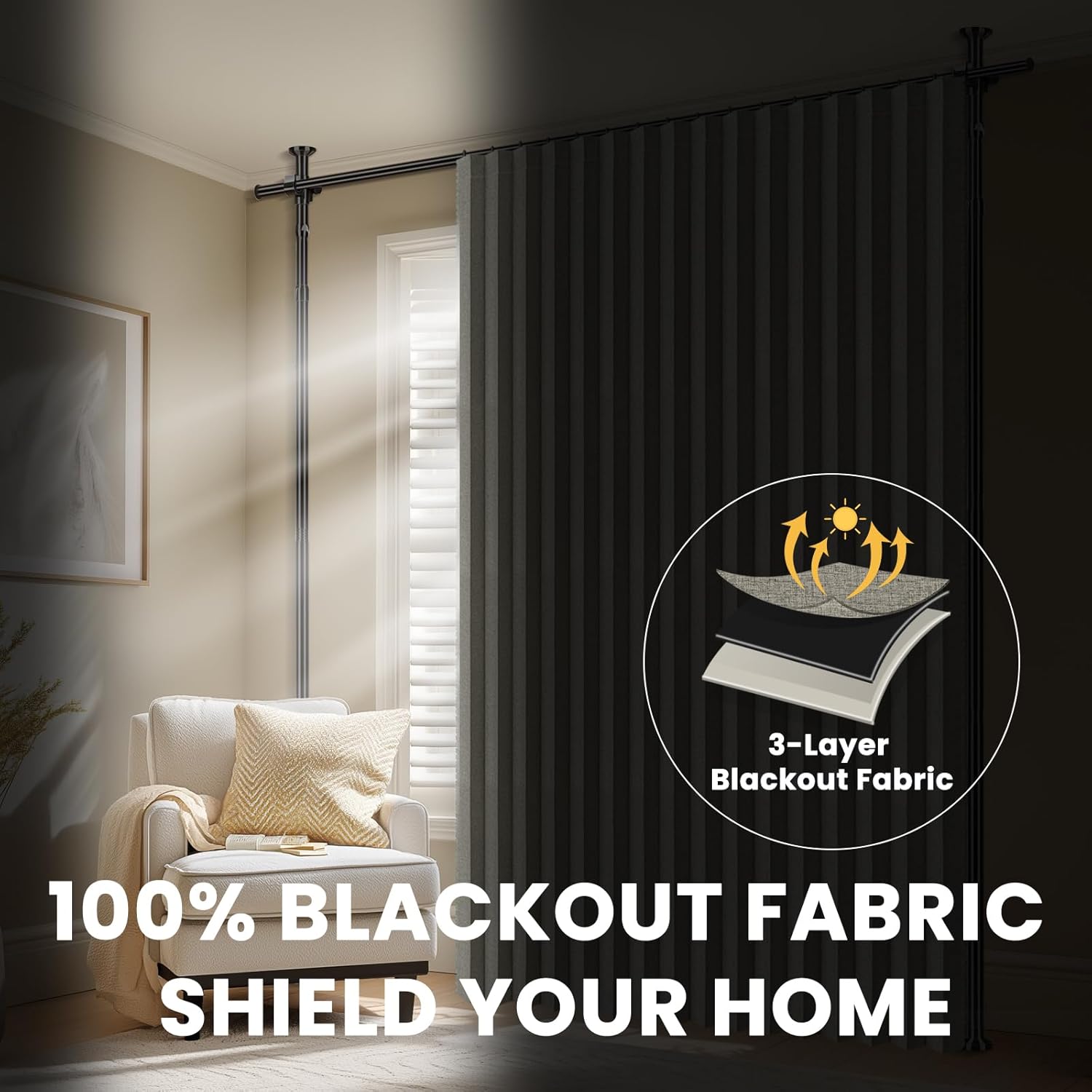 AJAZZ 100% Blackout Room Divider Curtains Sets Grey W100 x L84 in 1 Panel No Drill Curtain Rods(H) 43-120×(W) 35-100 in for Bedroom Privacy Partition Separator