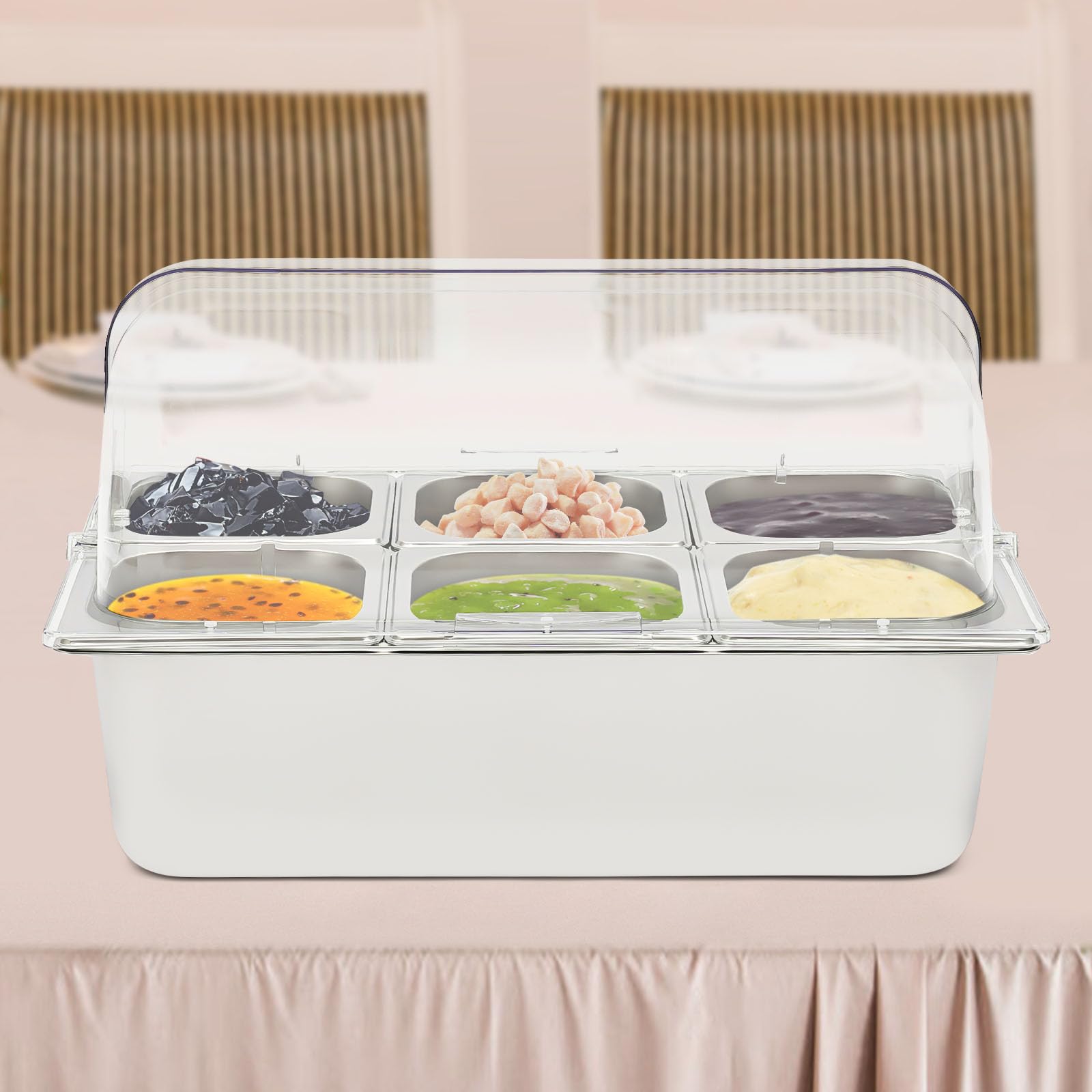 Cold Food Buffet Server, Stainless Steel Ice Food Serving Display Tray with Clear Roll Top Cover and 6 1.7L Food Pans, Countertop Chilled Serving Tray Platter for Seafood Fruit Party Buffet Silver