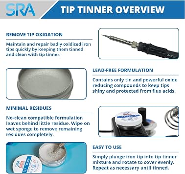 SRA Lead-Free Tip Tinner 21g Container | Rapid Re-Tinning & Oxidation Removal for Soldering Iron Tips | RoHS Compliant, No-Clean Formula, Made in USA