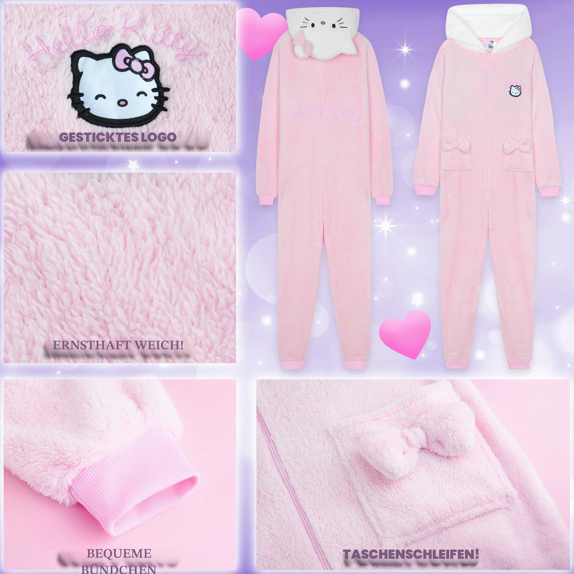Hello Kitty Sanrio Schlafanzug Einteiler Damen Teens, Flauschiger Kapuzen Onesie Pyjama mit Taschen, Anime Geschenke für Sie