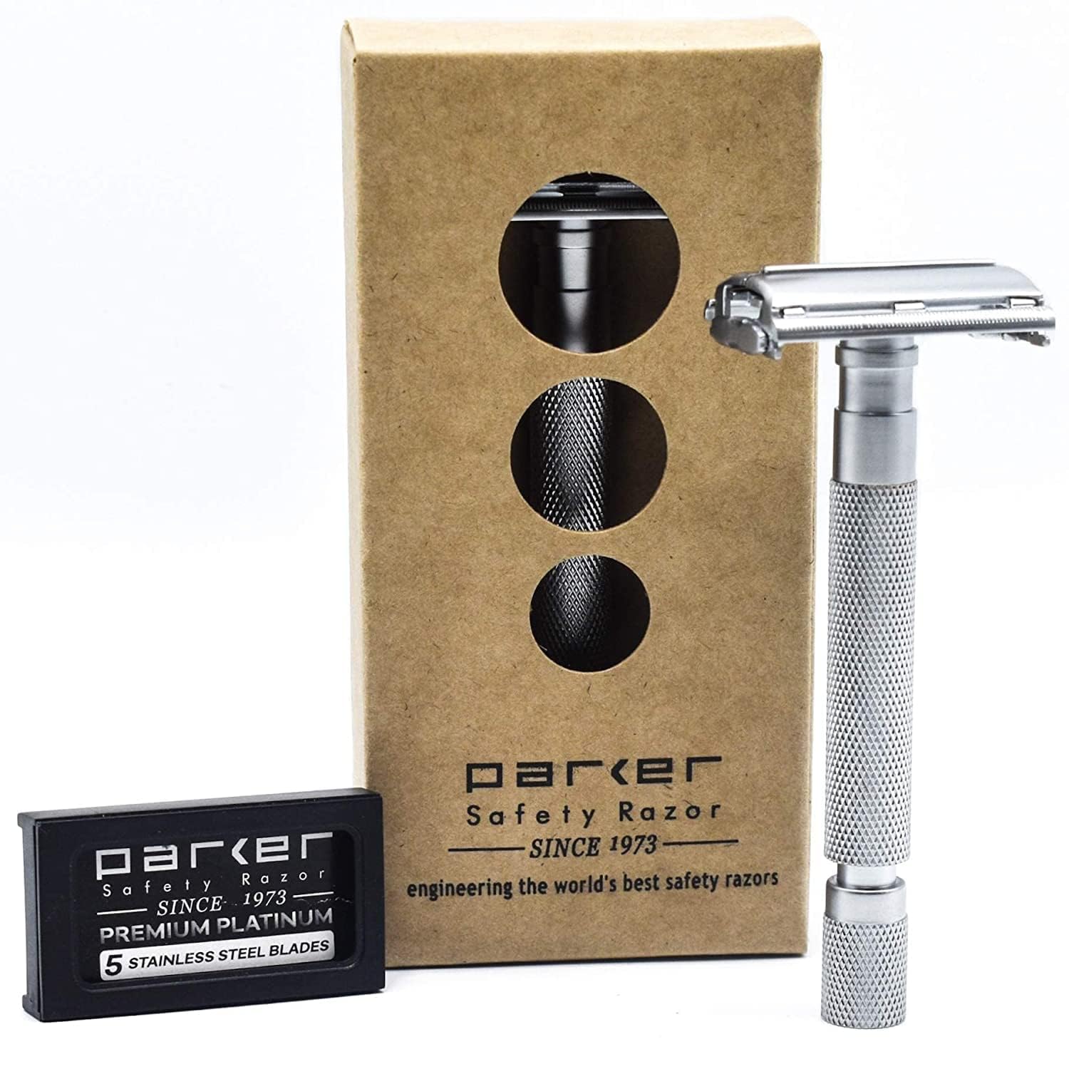 Parker 74R Satin Chrome – Long Handle Butterfly Open Safety Razor for Men | Double Edge Heavyweight Razor Includes 5 Premium Parker Blades