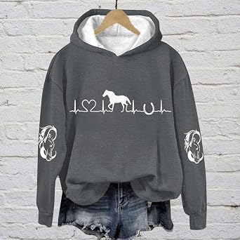 LCMTWX Graphic Hoodies For Women Sweatshirt Womens Horse Heartbeat Horse Lover Casual Hoodie Casual Long Sleeve Sweatshirt