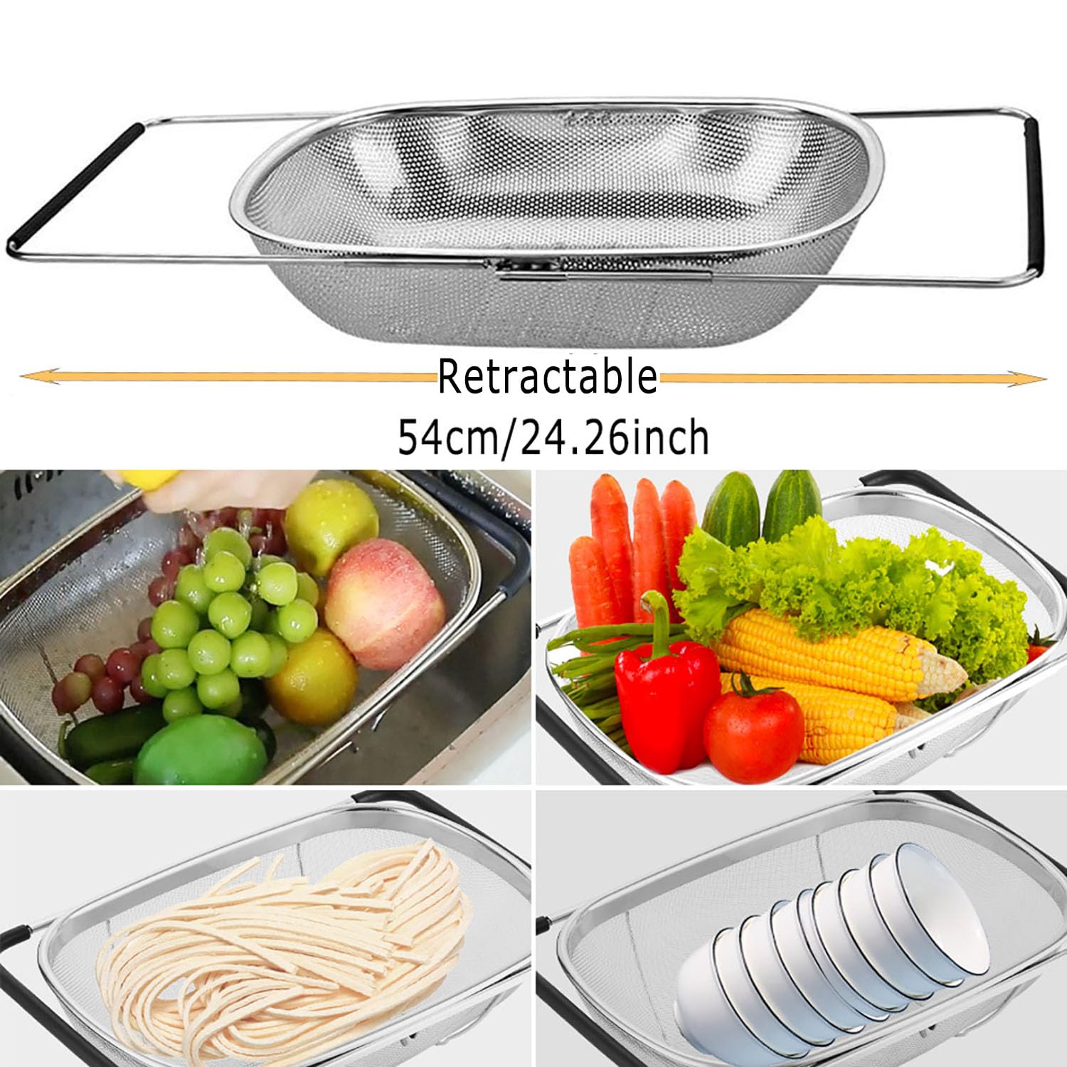 Scolapasta Acciaio Inox Da Lavello, Colino Cucina Per Il Lavaggio Di Verdura e Frutta, Estensibile, Utensili Da Cucina (Nero, Maglia)