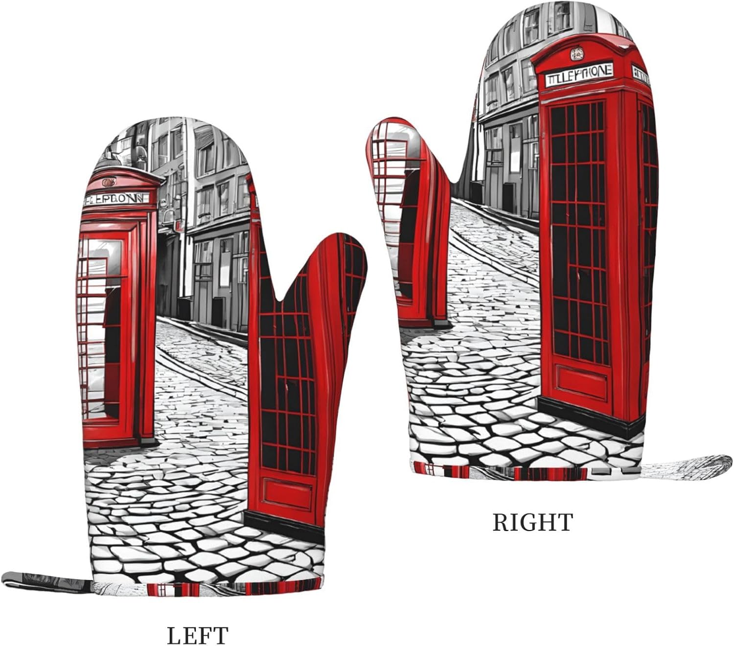 London Red Telephone Booth 4pcs Oven Mitts and Pot Holders Sets for Kitchen, Silicone Oven Gloves Non-Slip Potholders Hot Pads for Baking Cooking