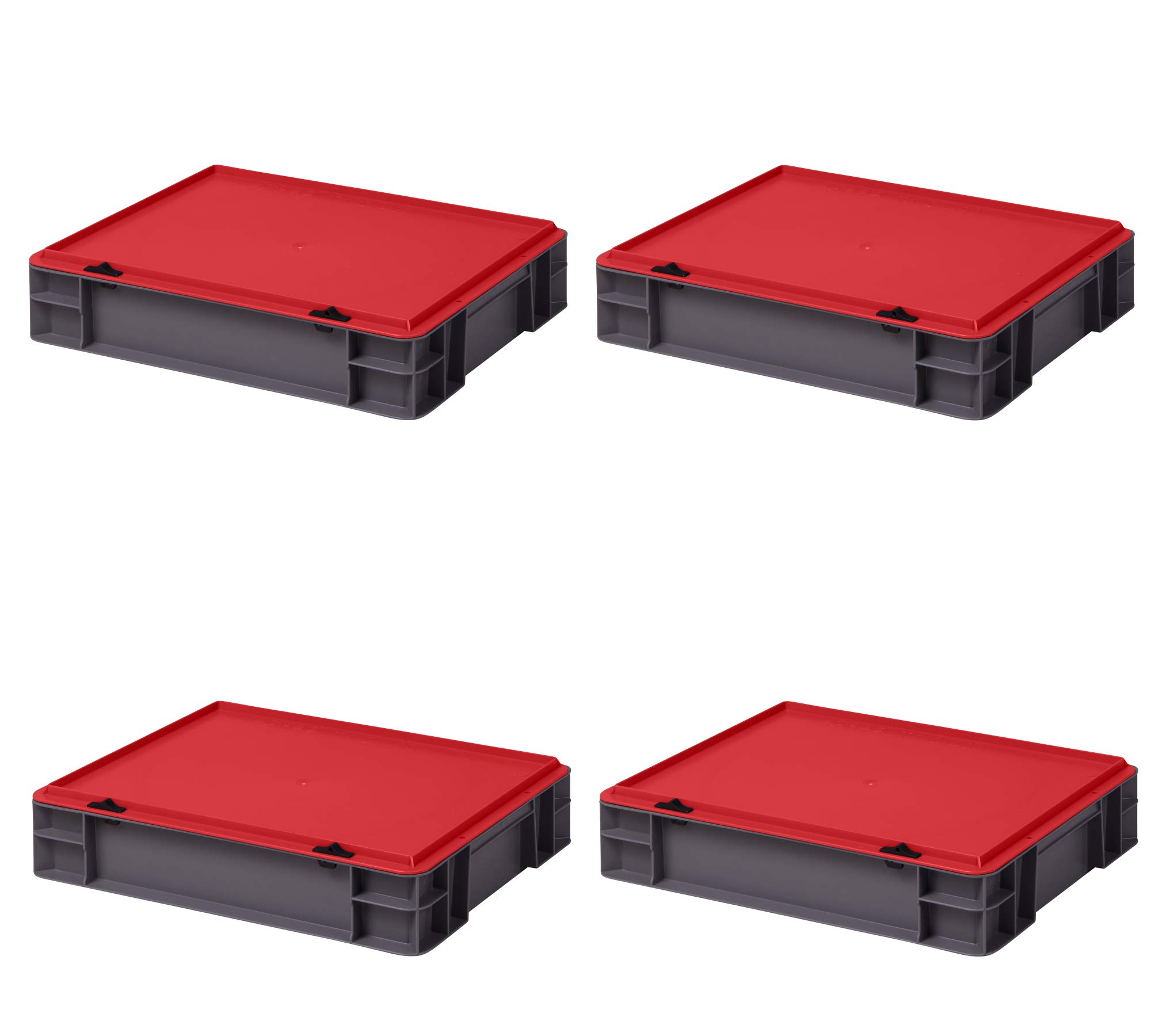 1a-TopStore 4 szt. pudełko do układania w stos BiCo szare z czerwoną pokrywką, 400 x 300 x 86 mm (dł. x szer. x wys.), z polipropylenu, pojemność: 7 litrów, nośność: 25 kg, markowa jakość spożywcza
