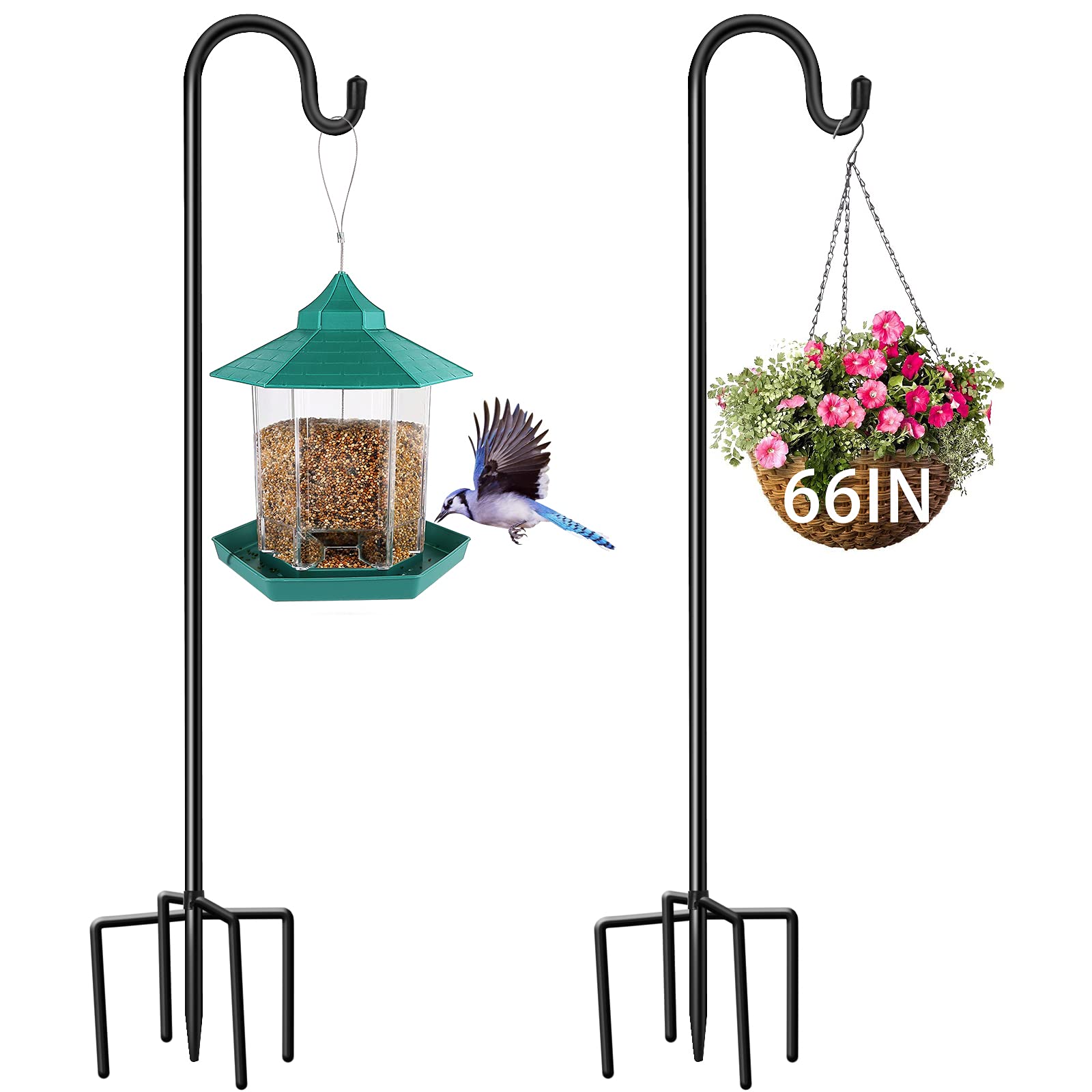 2 Pack Shepherds Hook, 66inch Tall Bird Feeder Stand with 5 Prongs Base Stainless Steel Garden Hanging Holder for Outdoor Planter Lanterns Weddings Decor