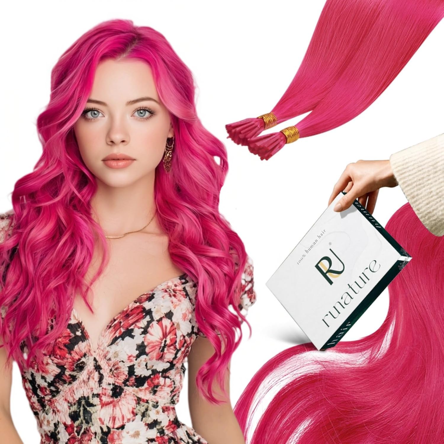 RUNATURE I Tip Hair Extensions Human Hair 18Inch, Pink Human Hair Extensions, Hot Pink Straight Remy Hair Pre Bonded I Tips Extensions for Women Styled 25g 25s