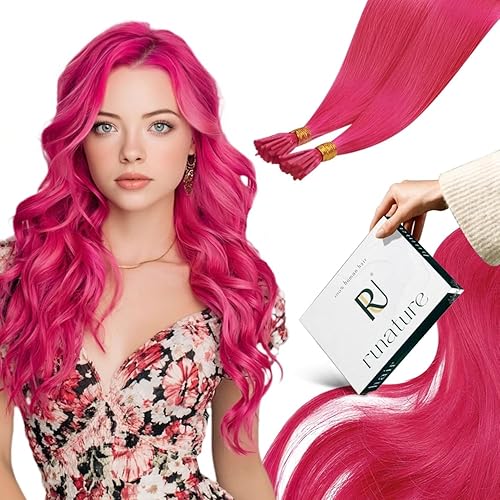 RUNATURE Extensiones de cabello humano rosa con punta en I de 20 pulgadas, extensiones de cabello rosa con punta en I, extensiones de cabello humano