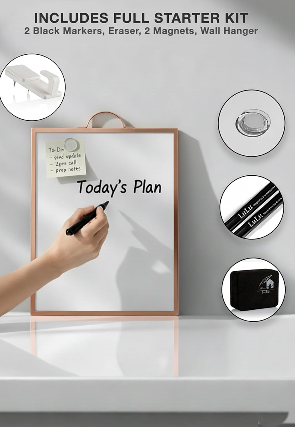 Rose Gold Magnetic Dry Erase Whiteboard 12 x 16 Double Sided, Portable Small White Board with Handle, to Do List Note Board, Write and Wipe for Desk Wall, Includes 2 Markers Eraser 2 Magnets