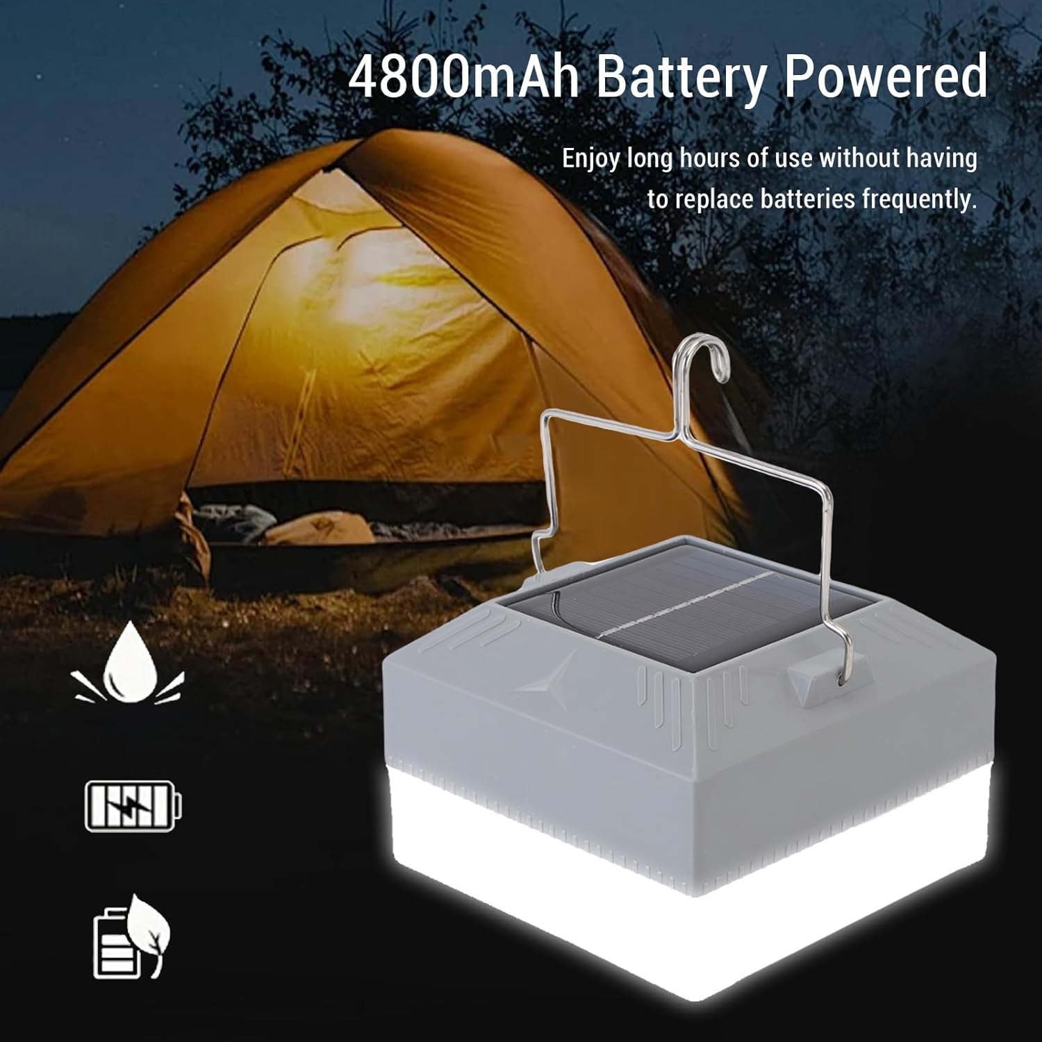 CHICIRIS LED Camping Lantern, 6500K White Light with Adjustable Brightness and SOS Mode, 4800mAh Rechargeable Battery, Portable Solar and USB Powered, for Outdoor Camping Tent Hanging Light