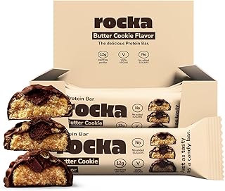 Rocka Nutrition Protein Bar I Veganer Proteinriegel mit 12 g Protein/Riegel I zuckerreduziert I voller Geschmack I 12 x 50g einzeln verpackte No Whey Bars (Butter Cookie)