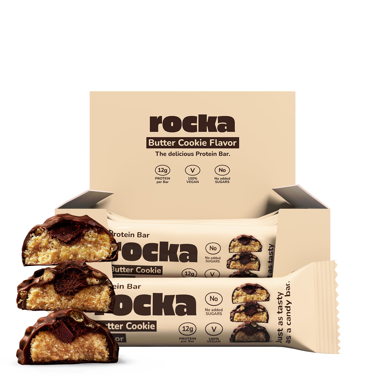 Rocka Nutrition Protein Bar I Veganer Proteinriegel mit 12 g Protein/Riegel I zuckerreduziert I voller Geschmack I 12 x 50g einzeln verpackte No Whey Bars (Butter Cookie)
