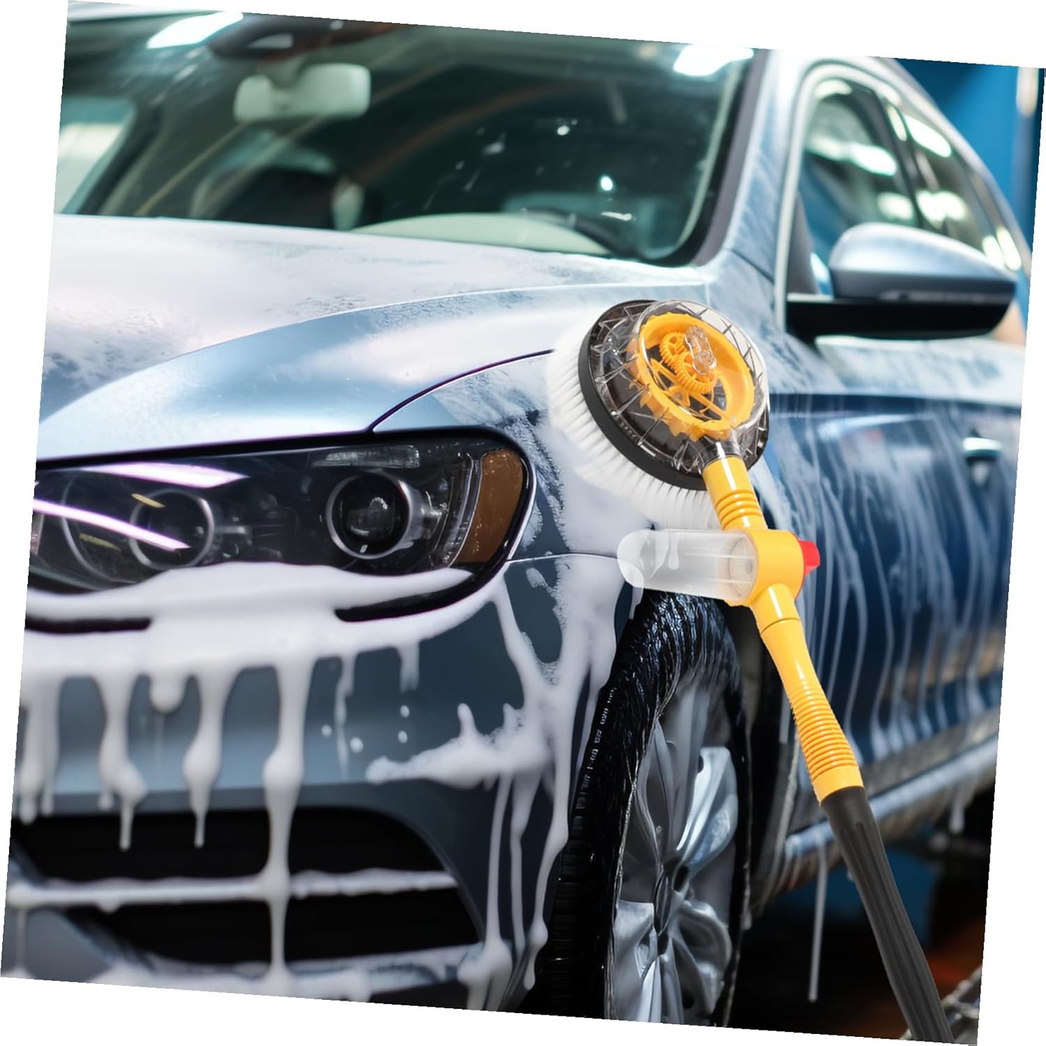 自動転洗車ブラシ 伸縮長柄付き ポータブル多機能カークリーニングブラシ 黄 家用 時短省力設計