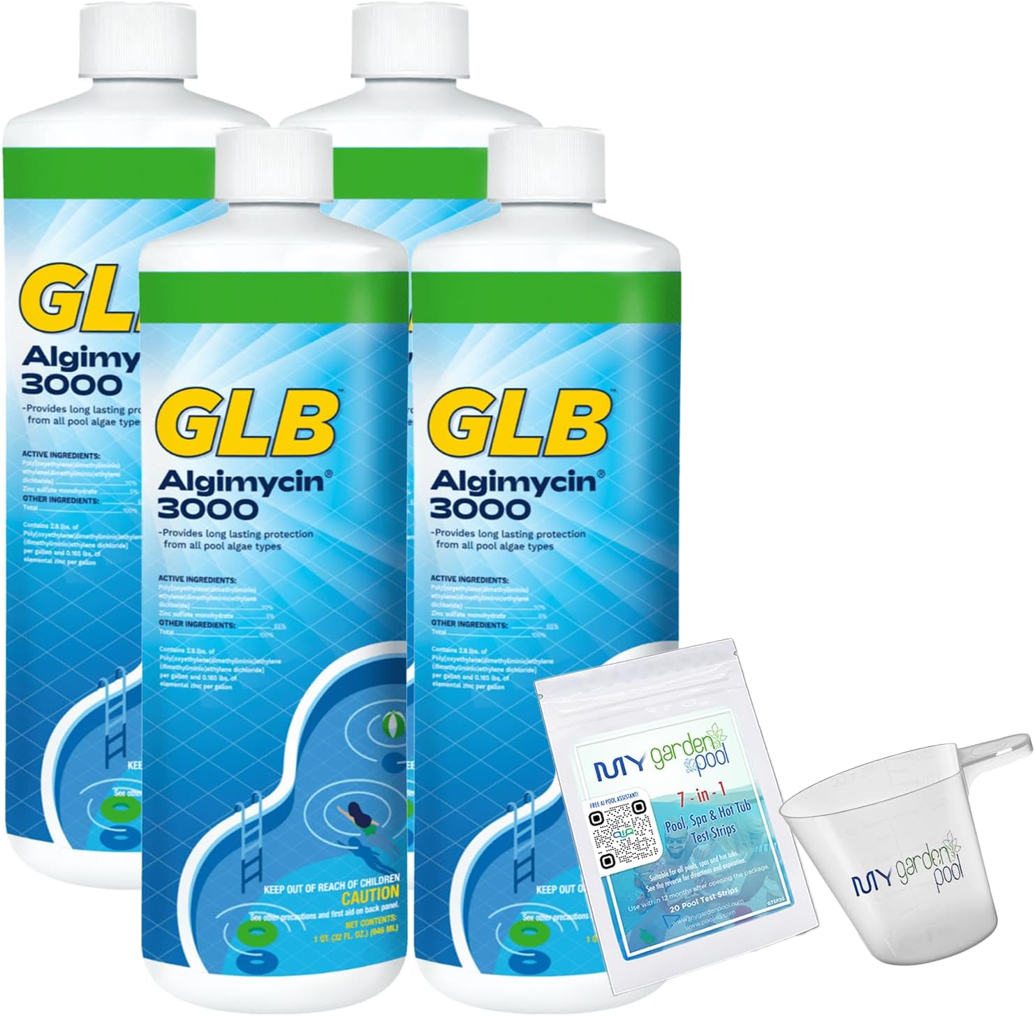 GLB Algimycin 3000 Algaecide 32 FL OZ 71105A with My Garden Pool 7 in 1 Test Strips and Measuring Cup, 4 Pack
