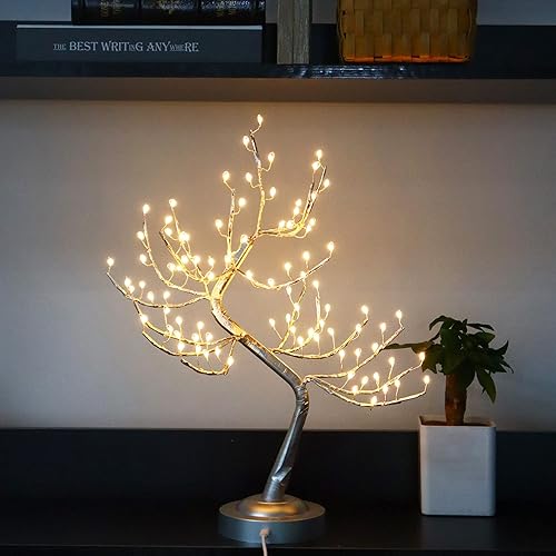 Lámpara de mesa de árbol de hadas de color blanco cálido, árbol de Navidad con ramas iluminadas con luces brillantes, funciona con pilas, con