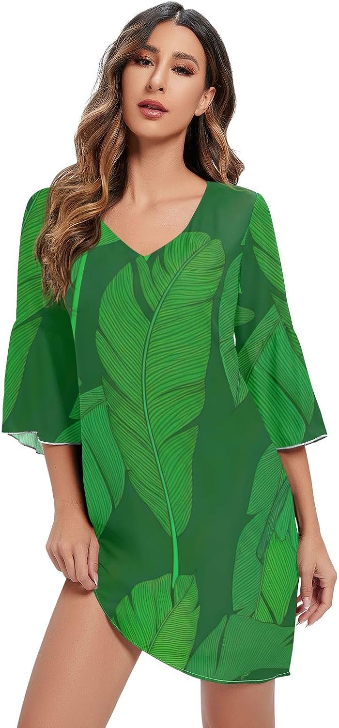 Tropical Banana Leaves Green Short Summer Dress Printed Party Dress Women S-XXL