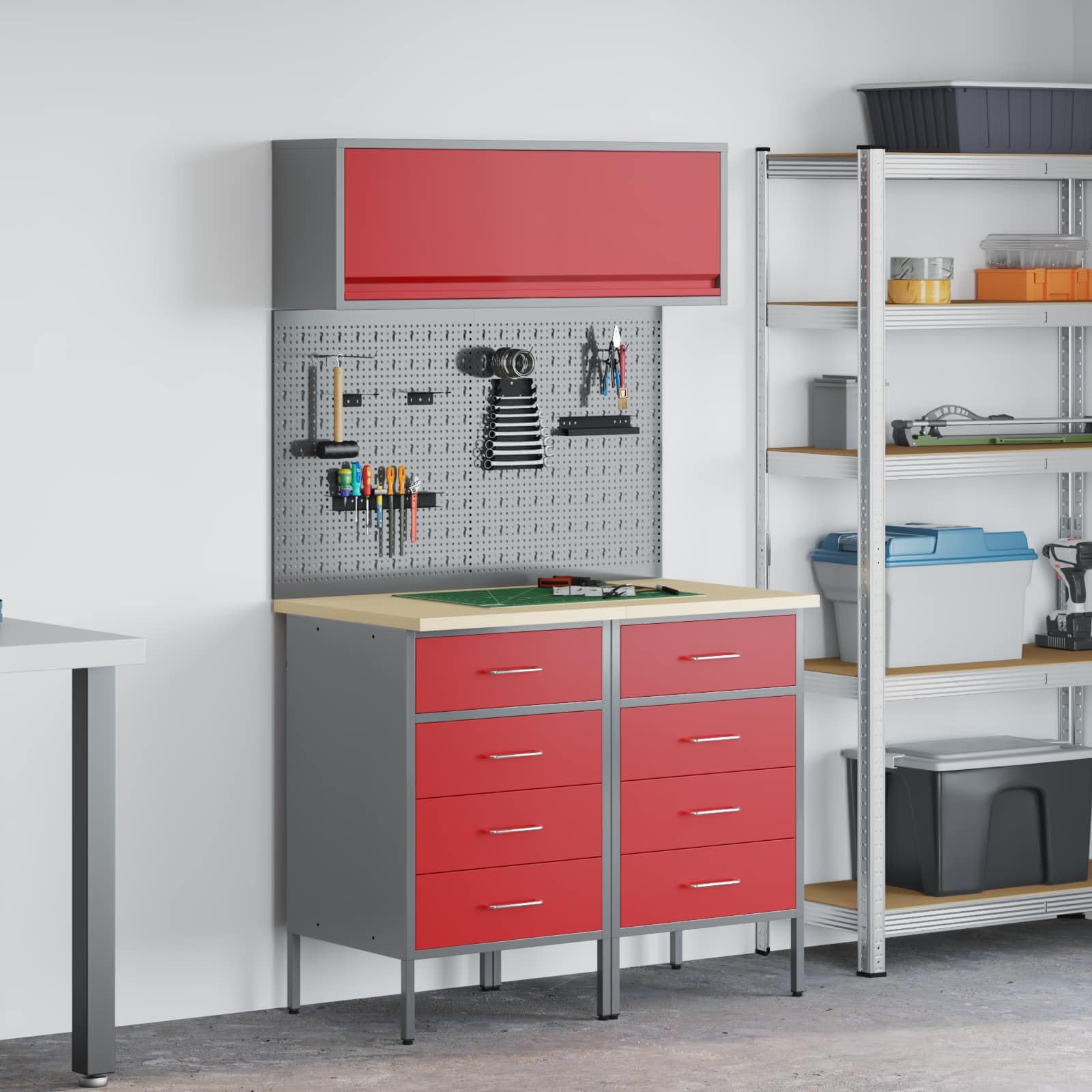 Lot de 5 armoires d'atelier avec tiroirs et étagère, système d'armoire de travail en rouge, établi robuste avec paroi perforée pour garage et cave, équipement d'atelier en acier