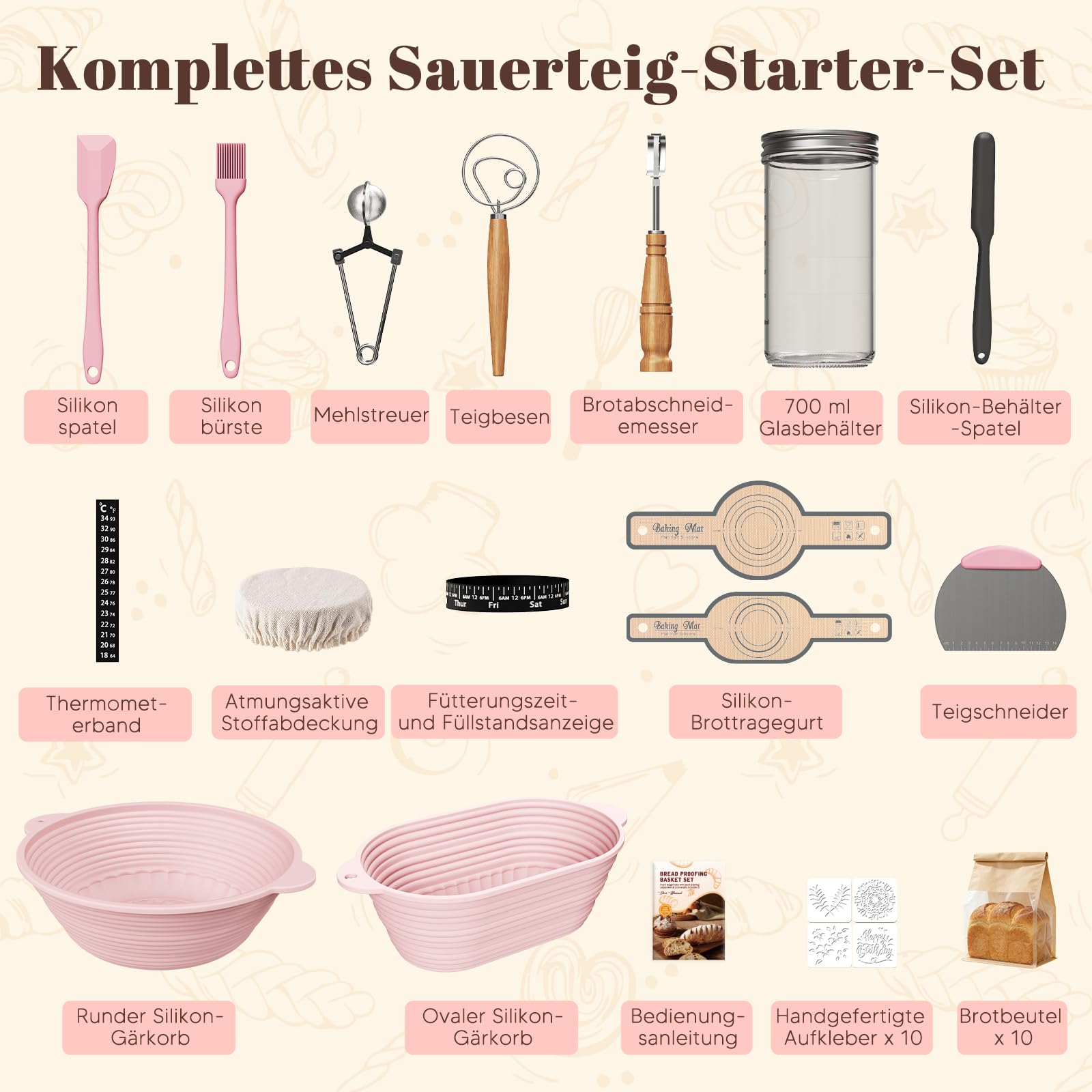 MQFORU 12-Teiliges Sauerteig Starter Set, 2 Klappbare Silikon Gärkörbe (29cm Ovale & 28cm Runde), 730ML Sauerteig Glas Set, Komplettes Brot Backen Zubehör für Anfänger & Erfahrener Bäcker