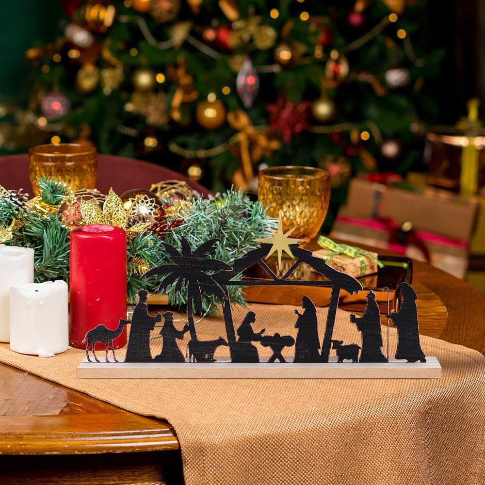 MEETYAMOR Nativity Sets for Christmas Indoor, Metal Nativity Scene with Wooden Base for Christmas Table Decor, Farmhouse Rustic Xmas Jesus Decorations for Home, Kitchen, Mantle, Shelf