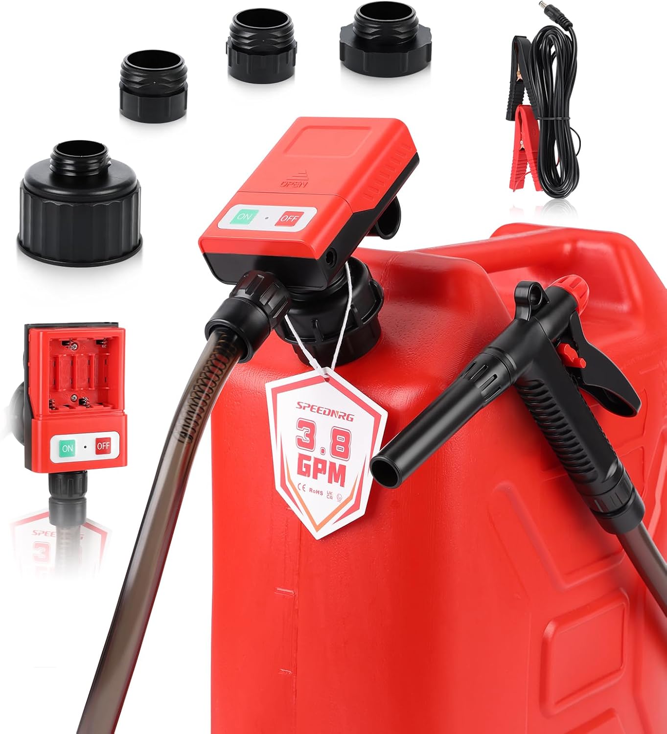 3.8 GPM Fuel Transfer Pump, 12V Battery Clip & AA Powered, 51" Hose with 4 Adapters, Portable Cordless Gas Diesel Kerosene Pump for Cars, Boats, Lawn Mowers, Generators