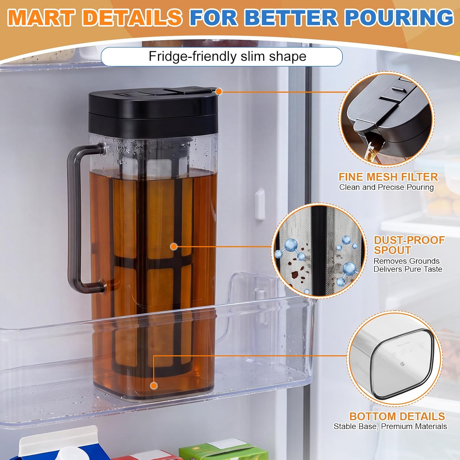 Nuenen 2 Pack Iced Tea Maker, 2 Quart Plastic Iced Tea Pitcher Cold Brew Coffee Maker with Multipurpose Mesh Infuser & Filter Lid, Fruit Infused Pitcher for Hot Cold Coffee Drinks, Loose/ Bagged Leaf