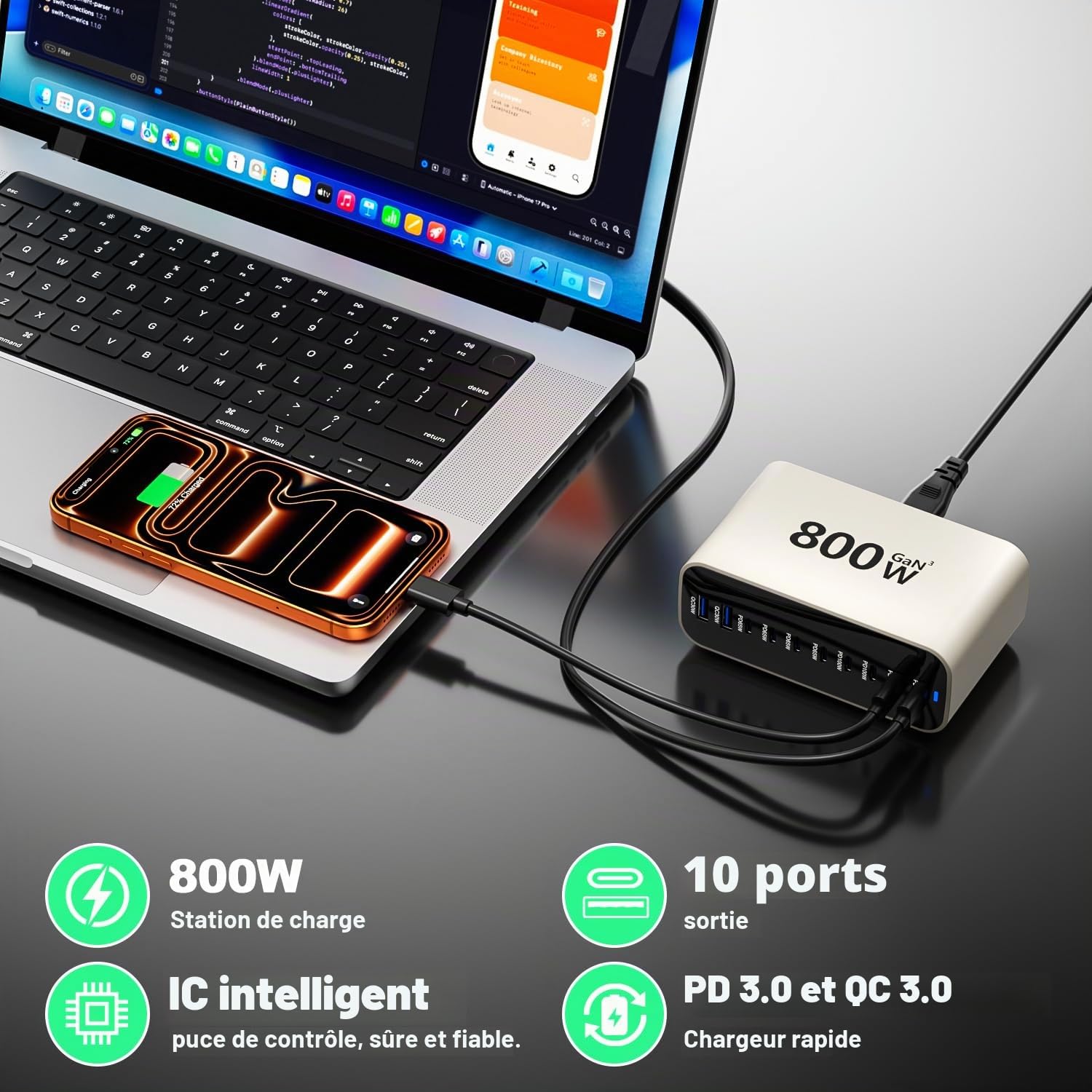 Chargeur USB C 800W GaN,10 Ports USB Chargeur Rapide pour Ordinateur Portable Bloc d'alimentation PD Compatible avec MacBook Pro/Air/Dell/iPhone/Galaxy/Ordinateur Portable/Tablette/Mobile