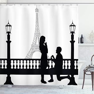 Ambesonne Engagement Party Shower Curtain, Paris Lovers City Wedding Proposal for Future Image Happiness, Cloth Fabric Bathroom Decor Set with Hooks, 69" W x 70" L, Black and White