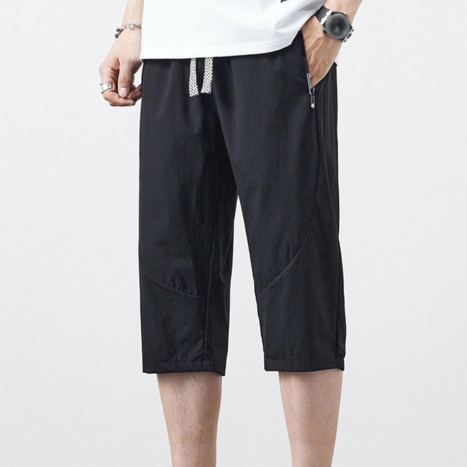 Men's Casual Below Knee Trunk Pockets Workout Running Men Capri Pants Elastic Waistband Drawstring Shorts