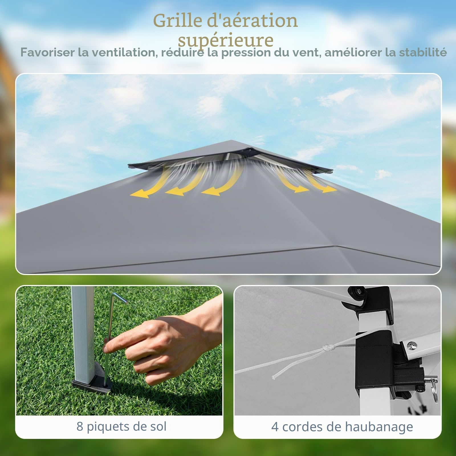 FANTASK Tonnelle Pliante 4 x 4 m, Pop-up avec Double Toit et Cadre en métal, tonnelle de Jardin réglable en Hauteur pour l'extérieur, Le marché et Le Jardin, Gris