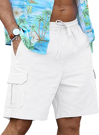 RQP Mens Linen Cargo Shorts Casual Drawstring Shorts Relaxed Fit Summer Beach for Men
