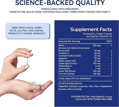 Miniatura 6 de Suplemento NAD+ 10 en 1 con NAD liposomal, urolitina A y resveratrol para energía y reparación celular - 60 cápsulas veganas