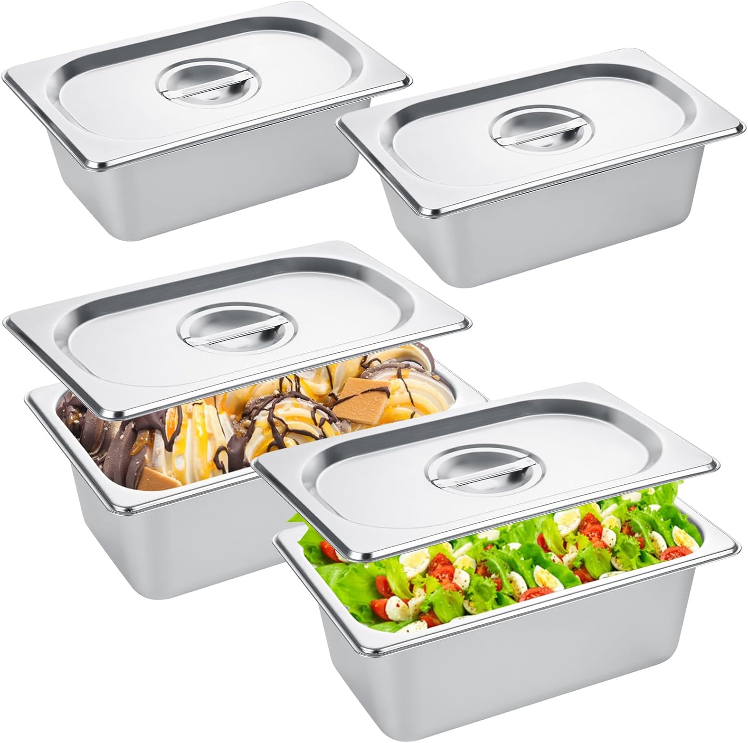 LANIAKEA 4PCS Hotel Pans with Lids Stainless Steel Steam Table Pan Restaurant Supplies 1/4 Size x4 inch Deep Stainless Steam Table Pans, Hotel Pan Trays for Food