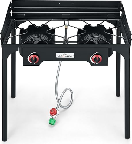 Miniatura 4 de Quemador de propano doble de alta presión con parabrisas Estufa de camping al aire libre con regulador ajustable de 0-20 PSI y manguera trenzada de