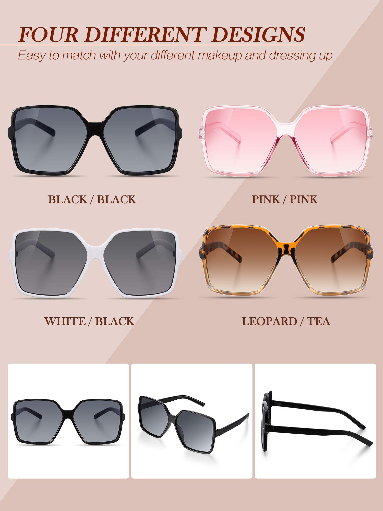 4 Pack Oversized Square Sunglasses Women’s Fashion Shades Bundle iHPH7 Oversized Square Sunglasses for Women, Oversized  main image 3