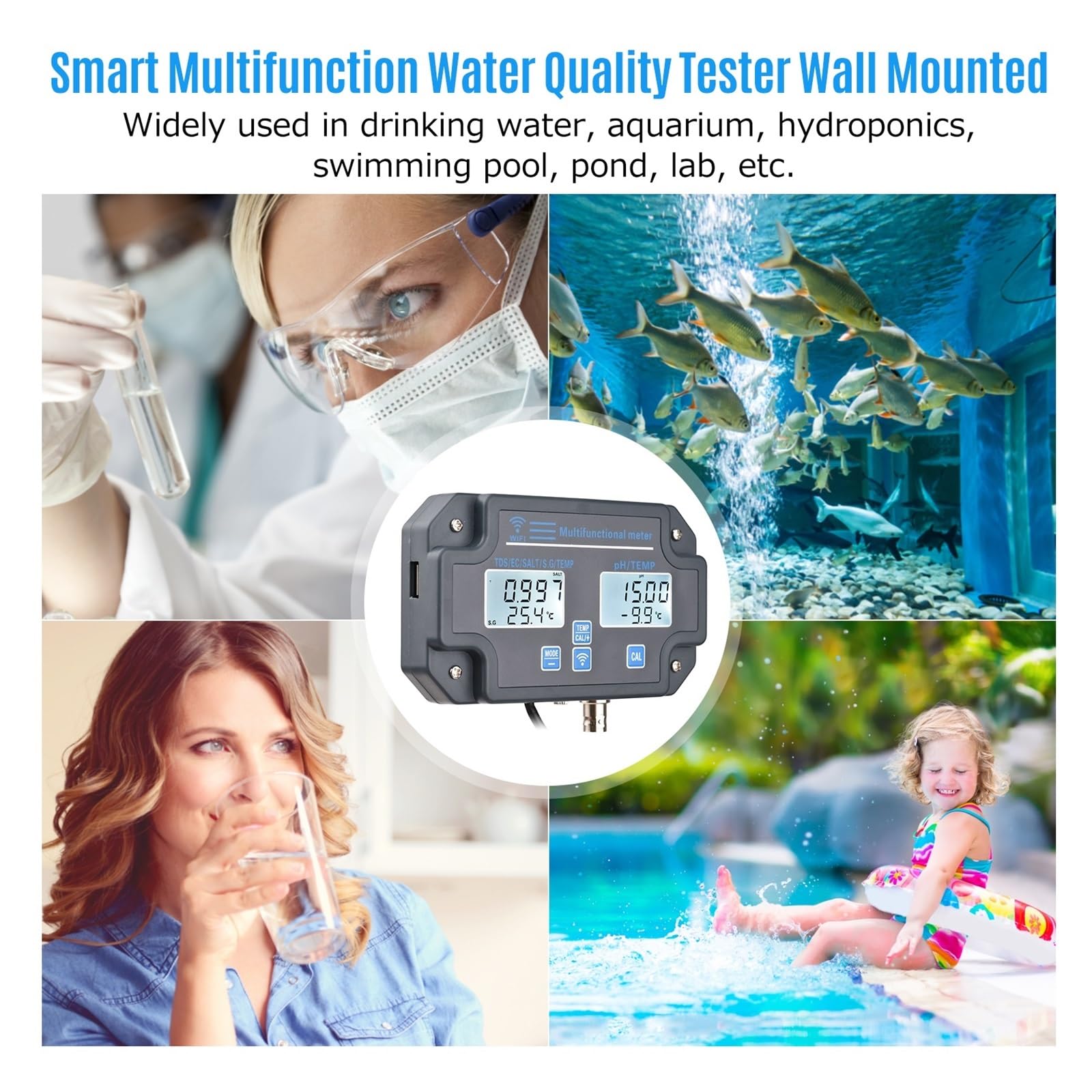 Detector De Calidad Del Agua 6 En 1, WIFI, PH/EC/TDS/SALT/SG/medidor Prueba Temperatura, Alarma Remota, Analizador Digital Amplio Rango NuméRico