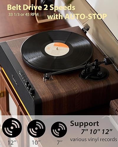 Miniatura 2 de Tocadiscos de vinilo, tocadiscos de alta fidelidad por correa para discos de vinilo de 3345 RPM con cartucho MM AT-3600L, preamplificador de