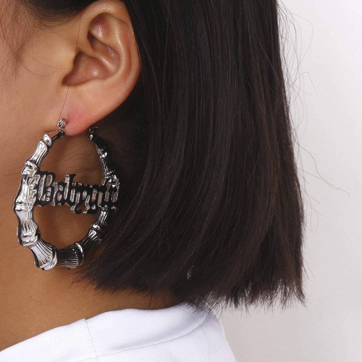 WLL Hip Hop Bamboo Hoop Earrings for Women Stainless Steel Old English Font Letter Pendant Necklace 80s/90s Costume Accessory Party Jewelry Set image 2