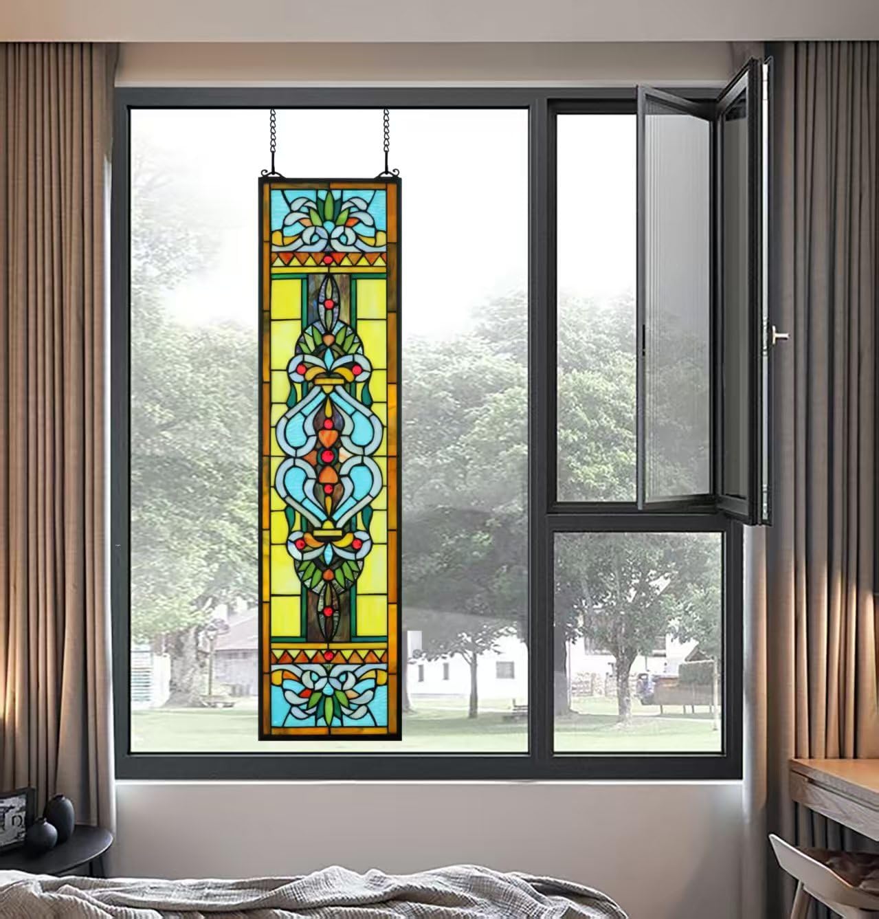 Yogoart Large 35 Inch Blue Victorian Stained Glass Window Panels Hanging Transom Window 9 Inch Wide (9" X 35")