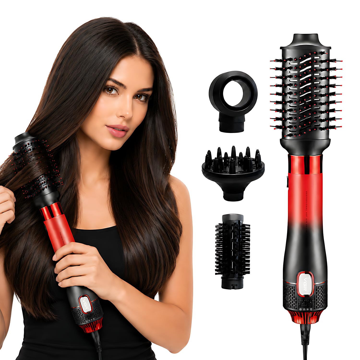 VGR V-484 Professional 1000-1100W | 4 IN 1 Hot Air Brush | 4 Styling Heads, Diffuser, Concentrator, Round & Oval Brushes | Fast Drying & Volumizing | Suitable for All Hair Types (Red, Black)-image-7