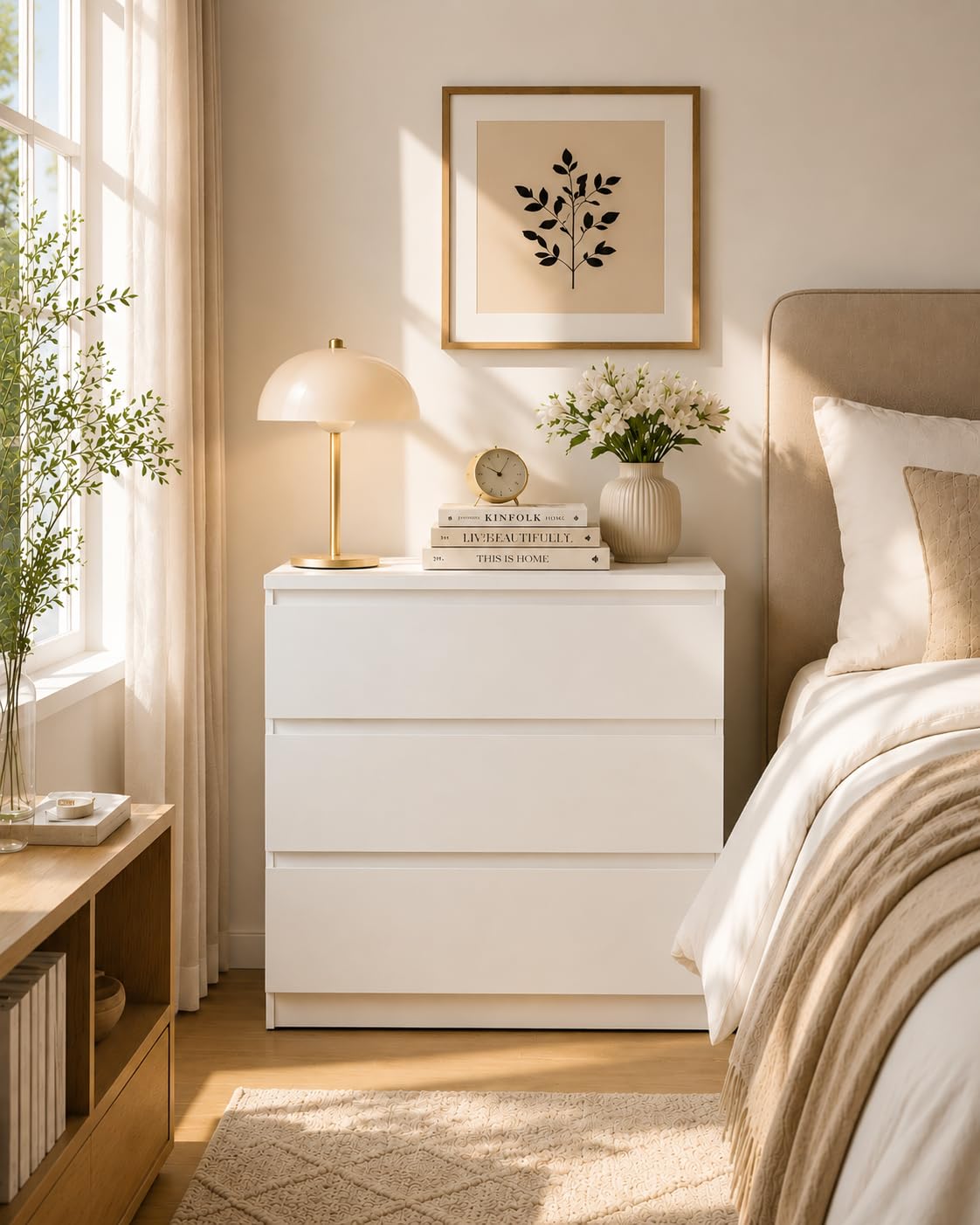Comodino Camera da Letto, Cassettiera Salvaspazio Bianca con 3 Cassetti, Cassettiera Legno 70 x 40 x 75 cm, Comò Camera da Letto Moderno per Soggiorno e Corridoio