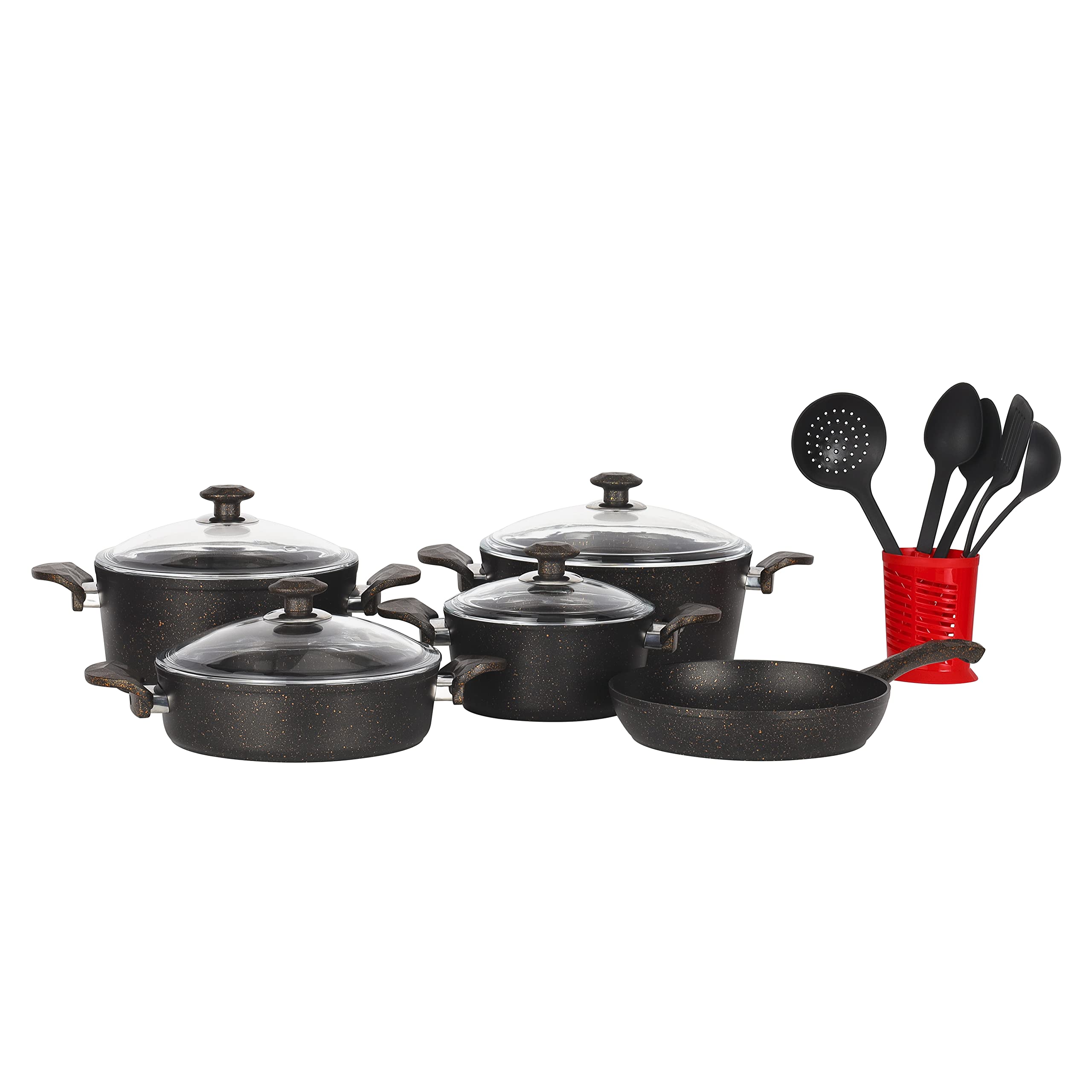 Chef Shield Granite Coated Cookware Set, 16 Pieces, Rf10267 | Premium-Quality Aluminium | Tempered Glass Lid | Heavy-Duty Bakelite Handles | Compatible With Induction, Hot Plate, Halogen, Ceramic, Gas