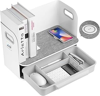 Ergo Office Organizador de escritorio con carga inalámbrica Qi, cajón y sujetalibros para artículos de oficina Estación...