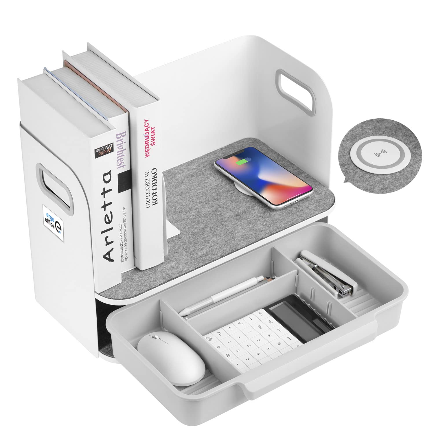 Organizer da scrivania con cassetto e caricatore wireless Qi + organizer da tavolo salvaspazio per accessori | Ideale per ufficio e casa