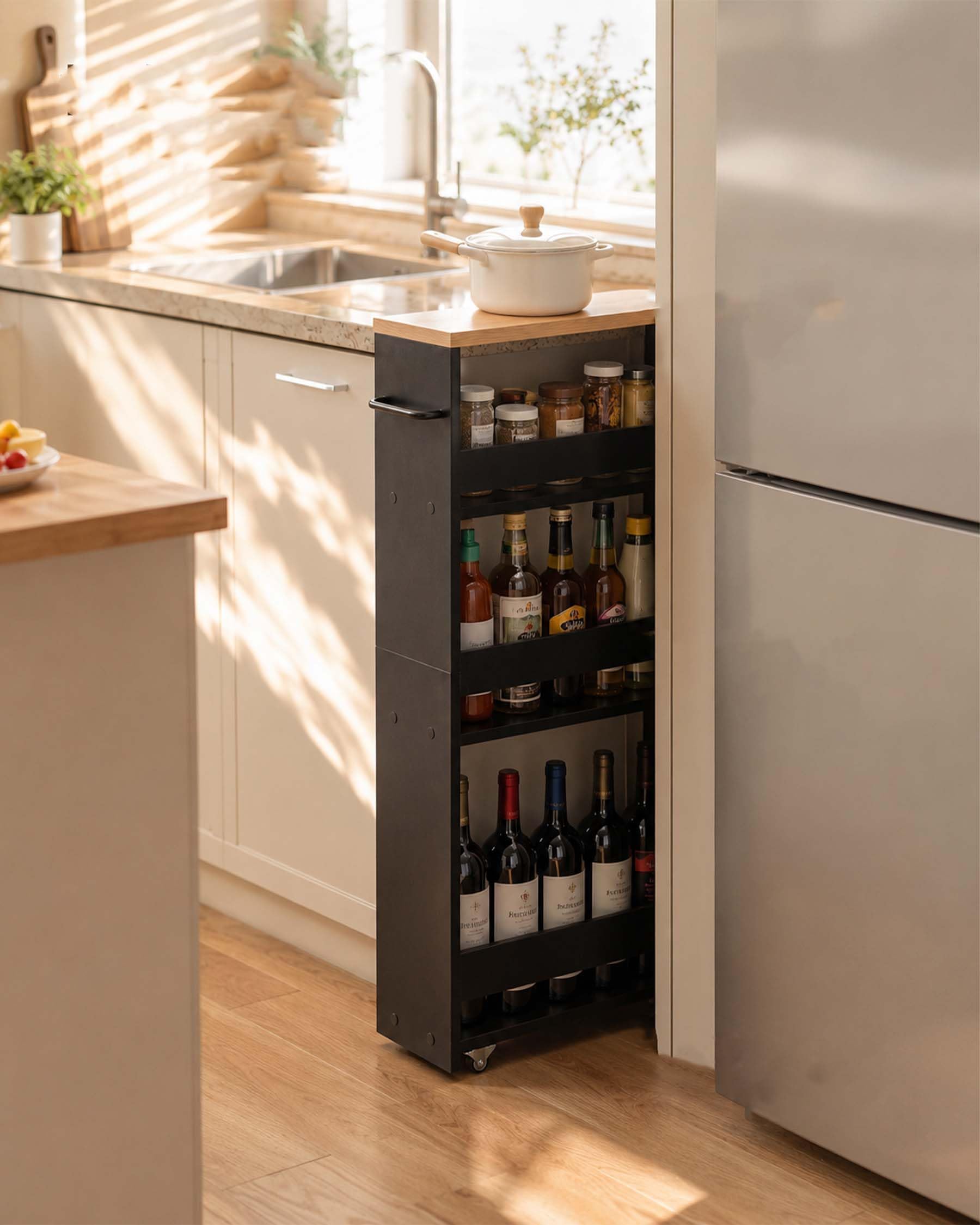 Carrito de Almacenamiento Estrecho Negro Roble 4 Niveles 40×14×80cm | Los bordes laterales mantienen los objetos seguros mientras cuatro ruedas facilitan el movimiento y el montaje es sencillo