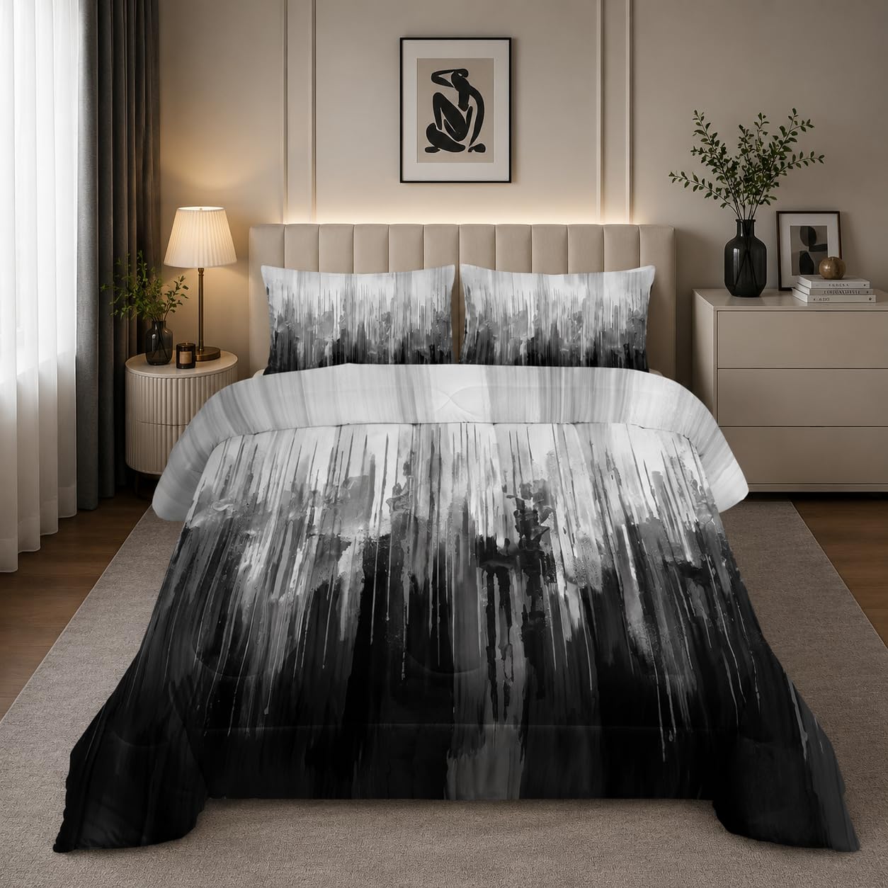 Nttopship Gradient Black White Queen Comforter Set