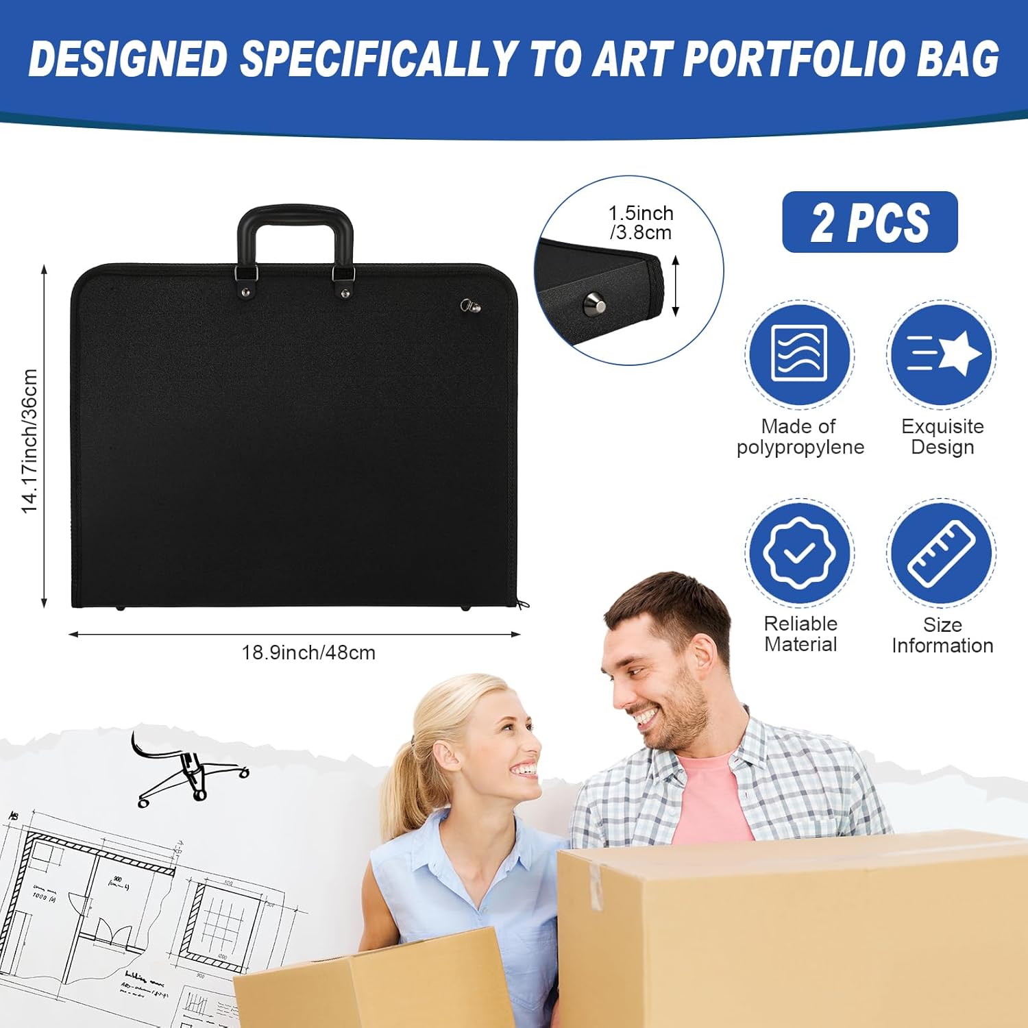 2 Pack 19" x 14" Art Portfolio Tote Bag with Zipper Art Portfolio Case Black Carrying Storage Case Poster Storage Bag For Poster, Scrapbook, Keepsake, Bulletin Board, Sketching and Drawing