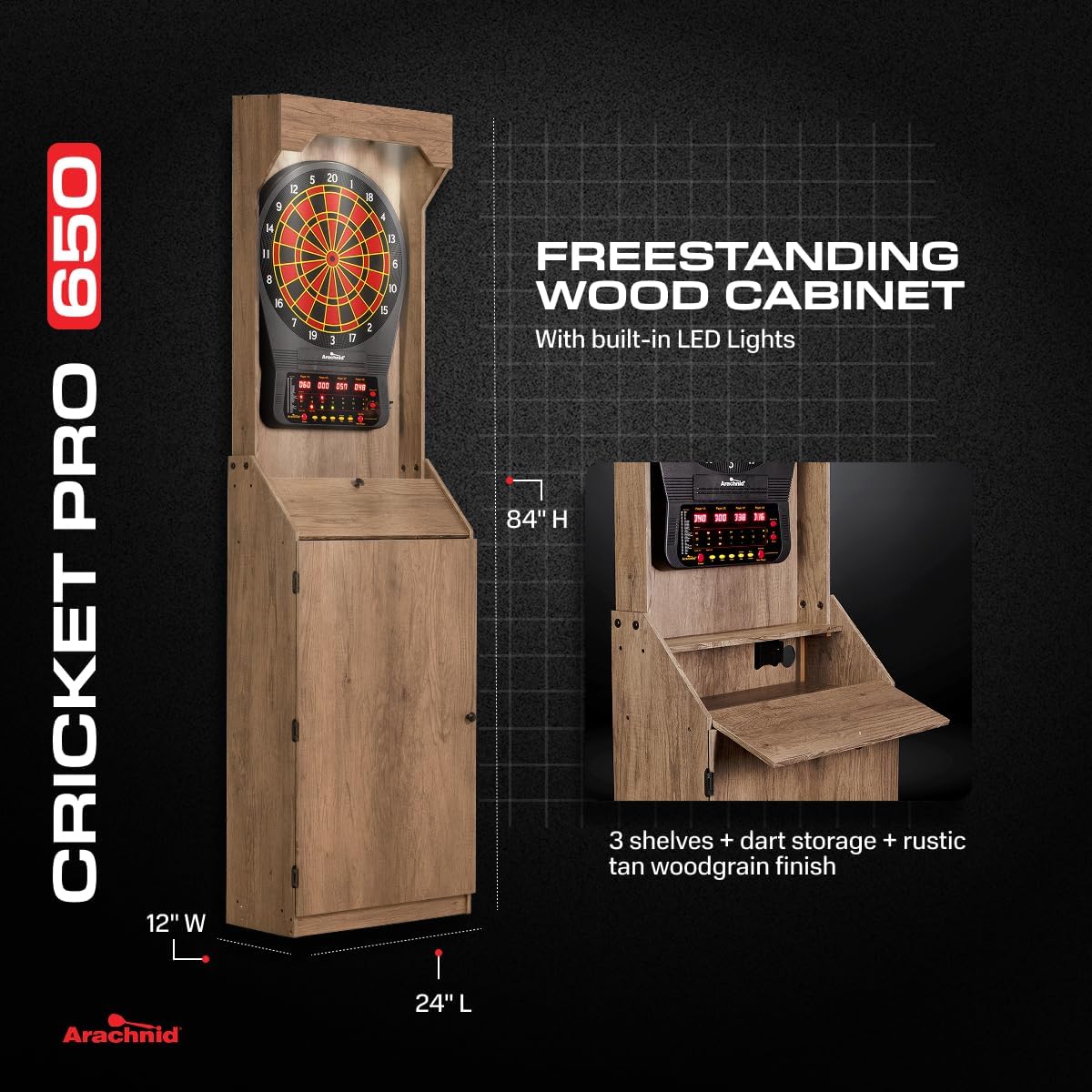 Arachnid Rustic Wood Cabinet: Freestanding LED Unit with E650 Electronic Board. Features 33 Games, 303 Variations, and 8-Player Scoring. Includes 6 Darts and Accessories for a Complete Setup.