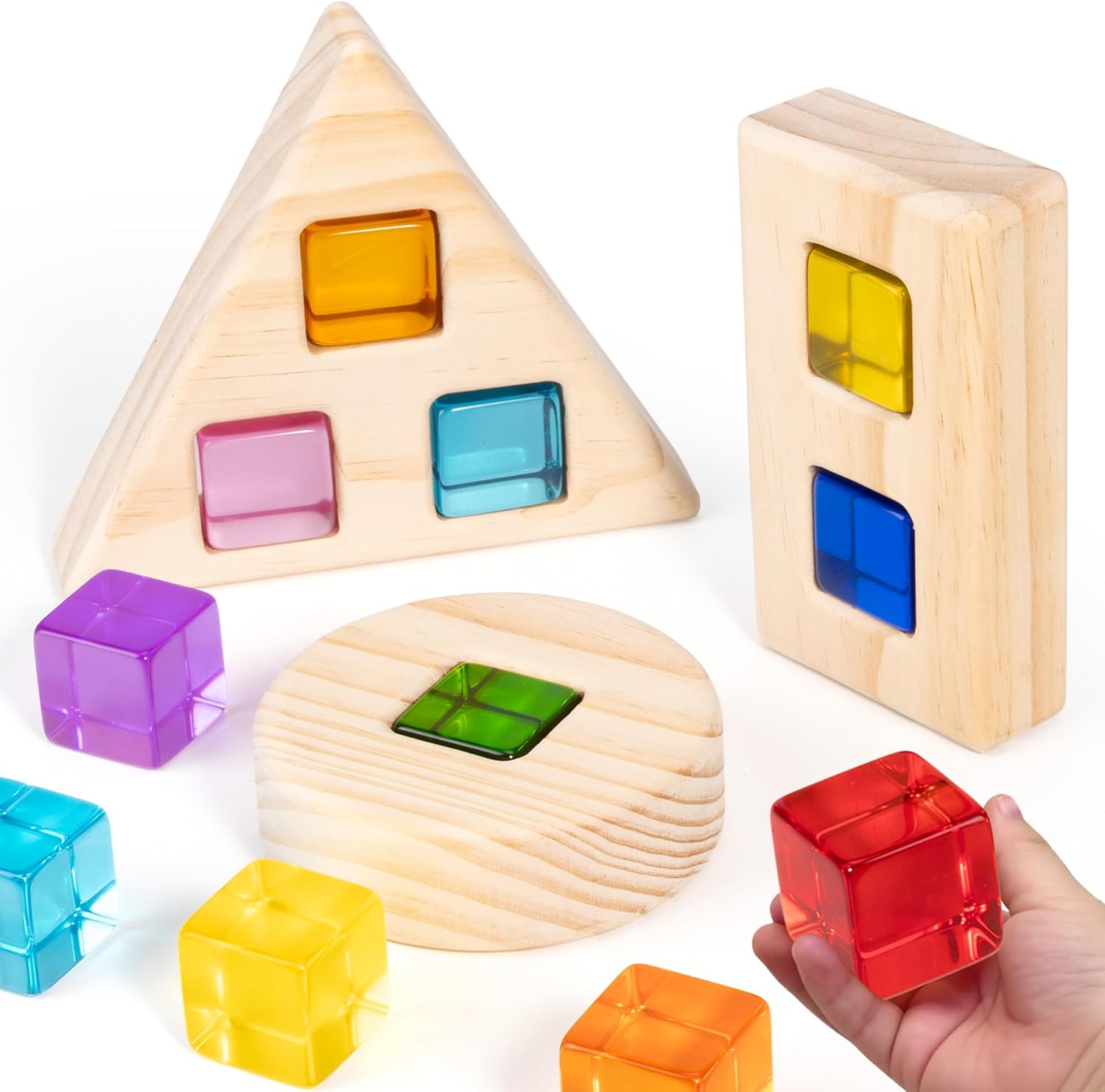 Woodtoe Rainbow Building Blocks Set for Toddlers, 16 PCS Large Acrylic Gem Cubes Stacking Blocks, 3 Wooden Shape, Montessori Stacking Toy for 1 2 3 4 Year Old, Educational STEM Creative Toys for Kids